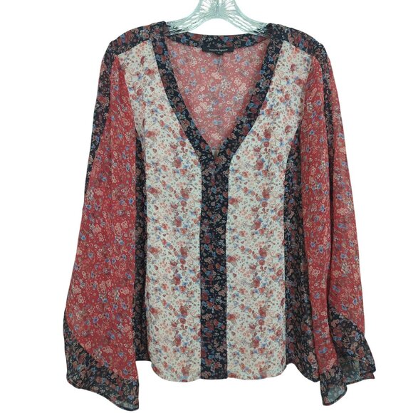 Nanette Lepore floral butterfly sleeves bohemian gypsy saloon pullover blouse M - Picture 2 of 15